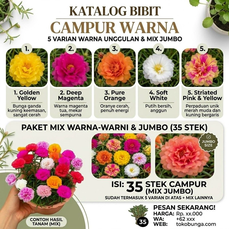 Krokot Moss Rose Warna-Warni 5 Varian Isi 35 Stek – Tanaman Hias Cantik & Mudah Dirawat
