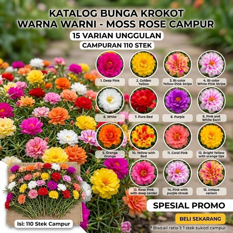 Bunga Krokot Warna Warni 15 Varian Warna Isi 110 Stek – Moss Rose Cantik & Tahan Panas