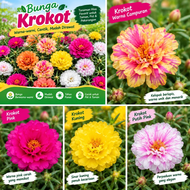 Bunga Krokot Mix 5 Warna – Isi 15 Stek | Tanaman Hias Cantik, Warna-warni & Mudah Dirawat
